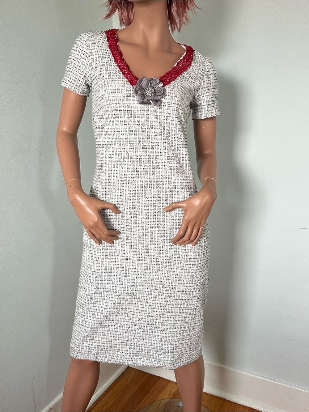 NWOT Handmade Black/White/Silver Tweed Midi Dress With Burgundy Lace Trim